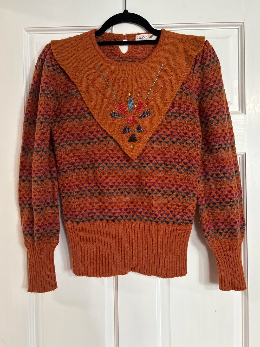 Vintage Burnt Orange Multicolor Patterned Embellished Sweater